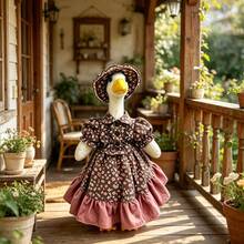 Porch Goose Statue Spring Outfit Creative Goose Statue Floral Print Dress With Hat For Outdoor Garden Yard - Patchwork - View 3