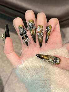 10pcs Handmade Pressed Long Pointed Fake Nails, [Black Gold Butterfly] Hand-Applied High-End Durable Cat Eye Gothic Style 3D Rhinestone Butterfly, Elegant And Charming, Perfect Choice For Banquet And Party - Gold - View 2