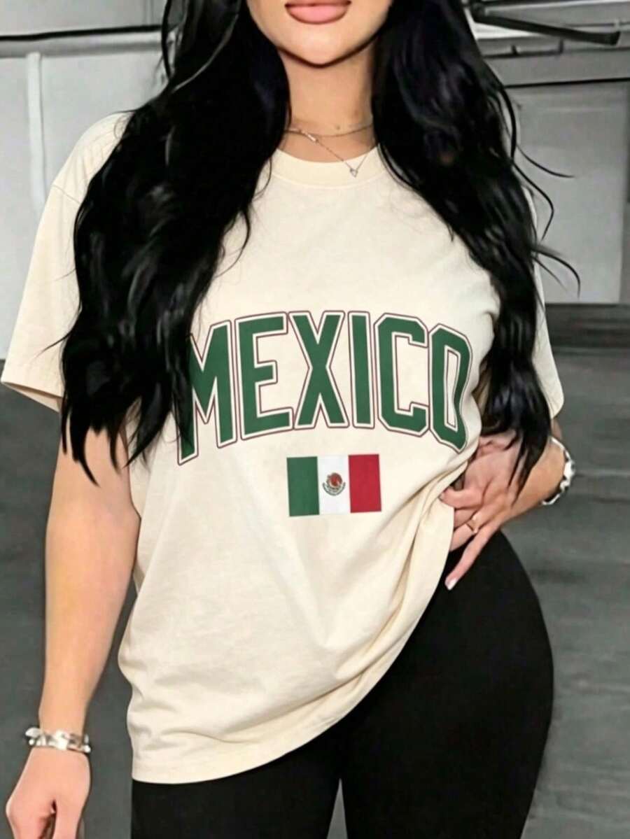 Women's Blouses, Plus Size Soft Cotton T-Shirt For Women With Mexican Flag Print, Gift For Travel Lovers, Fashionable Outfit, Summer Dresses For Women - 杏色 - 查看 1