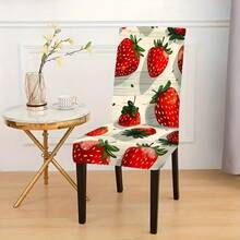 Universal Size Strawberry Print Stretch Chair Covers, Packs(1/2/4/6/8Pcs), Two Designs: Full Strawberry & Red Gingham Strawberry, High Elastic Full Wrap Washable, 2D Printed, Easy Install For Kitchen, Party Decor & Gifts. - Multicolor - View 9
