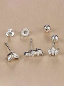Bộ 3 món bông tai xoắn mạ vàng 18K thép không gỉ đính đá Cubic Zirconia, bông tai kẹp vành tai hình hoa đính đá Cubic Zirconia, trang sức hàng ngày cho nữ - Hoa3 - Xem 2