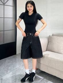 1pc Women's American Street Style Embroidered Black Denim Loose Wide Leg Jeans Fashion Summer Denim Shorts Casual - Black - View 11