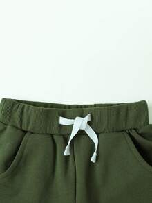 3pcs Young Boys' Summer Solid Color Casual Outdoor Shorts With Real Pockets And Drawstring - Olive Green - View 5