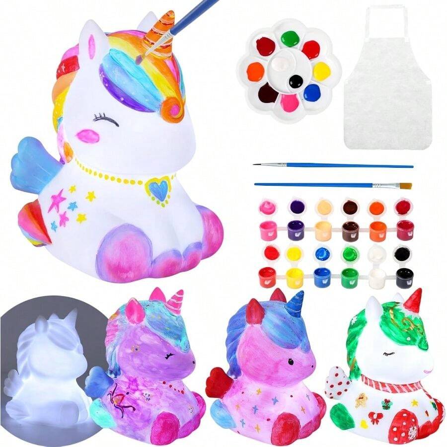 Pinta Tu Propia Lámpara, Lámpara de Unicornio Pintada, Kits de Pintura para Manualidades Infantiles, con Pinceles y Delantal, Regalos para Niños y Niñas - Unicornio - Ver 1