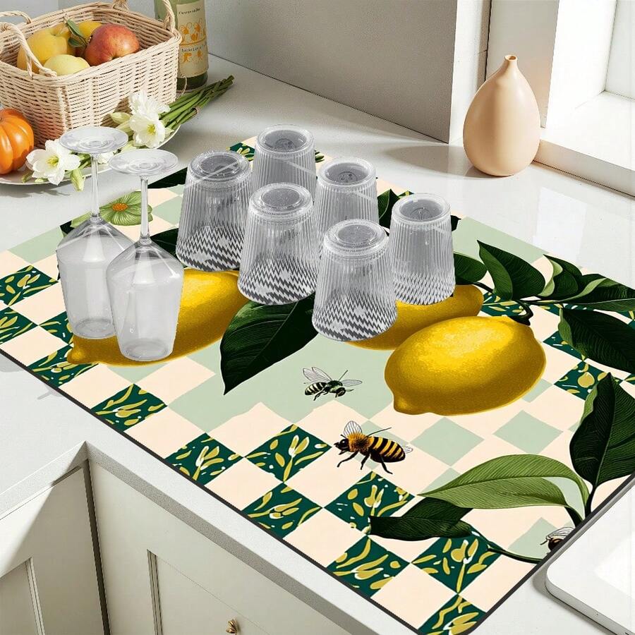1/10pcs Green & White Plaid Lemon Kitchen Countertop Absorbent Mat, Coffee Machine Mat, Strong Absorbency, Durable Diatomaceous Earth Desk Mat, Heat-Resistant Non-Slip Silicone Draining Mat, Suitable For Coffee Machine, Espresso Machine - Dark Green - View 1