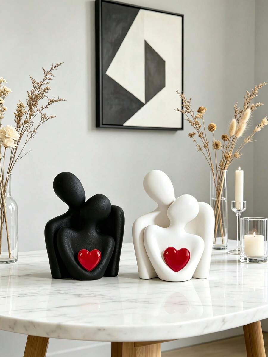 1pc Couple Embracing Figurine, Modern Minimalist Abstract Black And White Heart Sculpture, Home Desktop Decoration, Couple Gift. - the Red Heart - View 1