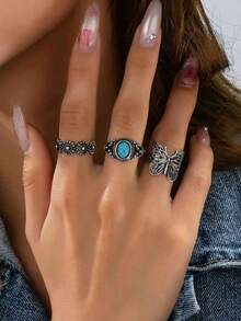 3Pcs Vintage Silver Western Turquoise & Butterfly Ring Set - Oxidized Stackable Rings,Floral Statement Jewelry For Women - Western Retro Ring Set - View 1