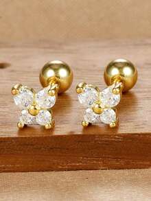 2pcs Stainless Steel 12 Zodiac Birthstone Tiny 18K Gold Plated Earrings, Cubic Zirconia Butterfly Inlaid, Suitable For Party & Wedding Wear - Butterfly - View 7