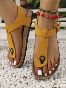 New Cork Sole T-Strap Open Toe Casual Slippers, Comfortable Fashion Commute Daily Sandals For Women - Mustard Yellow - View 3