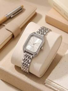 1pc/Set Teenager Octagonal Rhinestone Trim Quartz Watch, No Packaging Box, Metal Steel Band Wristwatch, Suitable For Back To School, Vacation And Holiday Wear - Silver - View 4