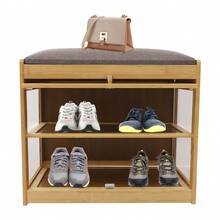Banc à chaussures en bambou couleur bois avec porte rabattable en acrylique, banc de rangement à chaussures à 2 niveaux avec coussin, tabouret organisateur de chaussures sur pied pour entrée, couloir ou chambre, armoire à chaussures fermée à bords arrondis avec pieds surélevés - Couleur du journal - Voir 2