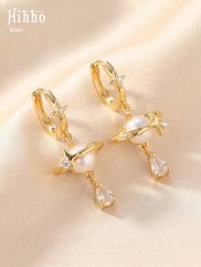 Hihho 1 Pair Luxury Style Romantic Dreamy Four-Pointed Star Zirconia Inlaid Pearl With Teardrop Zirconia Pendant Earrings, Suitable For Women's Daily Commute Wear - Star - View 5