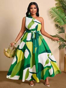 BIUBIU Robe élégante grande taille imprimé africain, robe longue verte fluide avec taille ceinturée, robes d'été pour femmes vacances fête - Vert - Voir 1