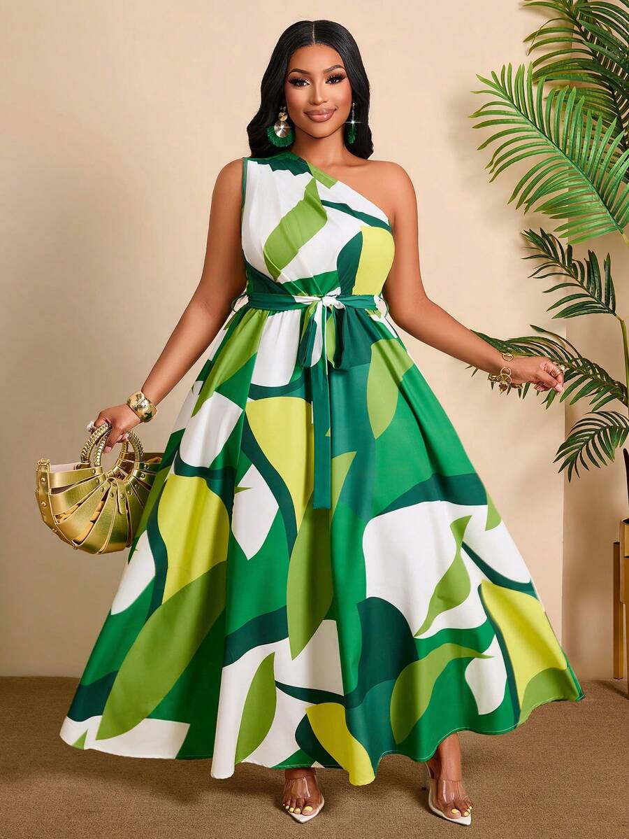 BIUBIU Robe élégante grande taille imprimé africain, robe longue verte fluide avec taille ceinturée, robes d'été pour femmes vacances fête - Vert - Voir 1