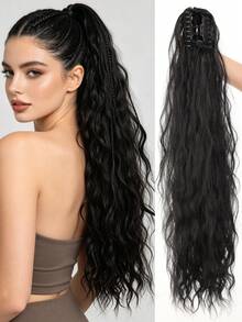 Extensión de cabello ondulado de 26 pulgadas con clip, material de fibra resistente al calor, adecuada para uso diario y fiestas - Negro - Ver 9