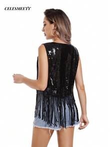 Music Festival Western Cowgirl Outfit For Party Punk Fringe Sequin Open Front Vest For Carnival, New Year, Wedding, Birthday Black - Black - View 6