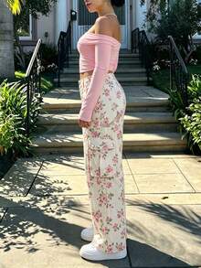 Women's Sweet Casual Daily Floral Rose Print Flap Pocket Wide Leg Cargo Straight Leg Pants - Rose Print - View 5