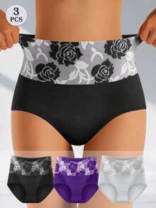 3pcs Women's Cotton High-Waist Briefs, Elegant Rose Design, Comfortable Breathable, Ideal Gift Choice - Multicolor - View 2