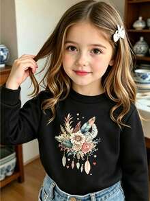 Sudadera Cálida Con Estampado De Dibujos Animados Para Niñas Con Cuello Redondo Para Deportes - Negro - Ver 1