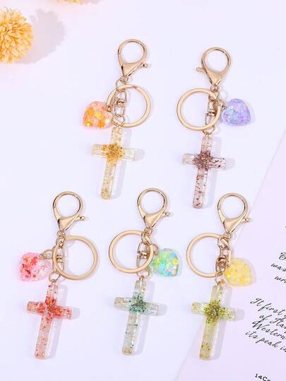 Llavero de cruz de resina con flores secas, colgante de corazón brillante para bolso, llavero de cruz con flores prensadas naturales, accesorio de cartera con corazón de fe religiosa