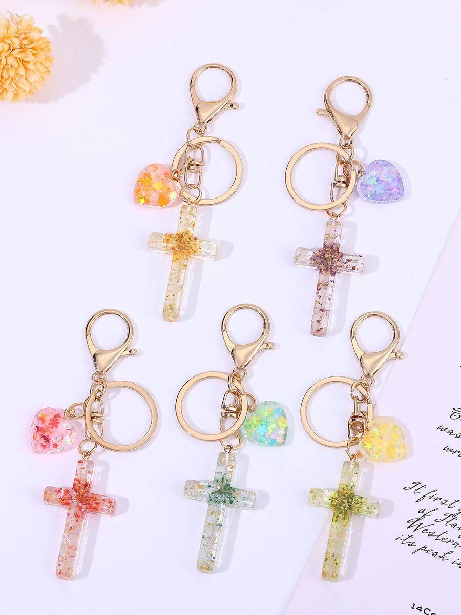 Dried Flower Resin Cross Keychain, Sparkling Heart Pendant Bag Charm, Natural Pressed Flower Cross Keychain, Religious Faith Heart Wallet Accessory - Multicolor - View 1