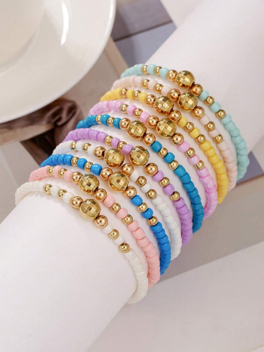 10pcs Girls Cute Boho Gold Ball Colorful Seed Bead Bracelets, Elastic Multi-Layer Stacking, Best Gift For Friends, Friendship Bracelets - one-size - View 1