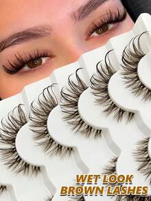 6 pares de pestañas postizas de aspecto húmedo marrón, banda transparente, esponjosas reutilizables, extensibles, para maquillaje dramático rizado y ligero, herramientas de maquillaje - Negro - Ver 7