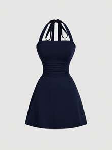 de línea A sencillo de unicolor para mujer con cintura fruncida y diseño de halter en forma de V - Beis - Ver 9