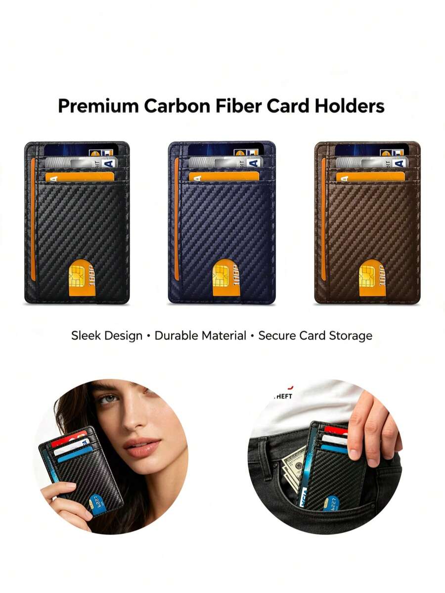 1pc Id Card Holder Wallet For Men, Anti Theft RFID Shielding Card Sleeve, Multi Slot Storage Card Bag,Carbon Fiber Textured Black Ultra-Thin Wallet - Multicolor - View 1