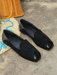 Women's Fashion Colorblock Square Toe Ballet Flats, Elegant Style, Spring/Autumn Daily Commute Black Flat Shoes - Black Suede - View 6