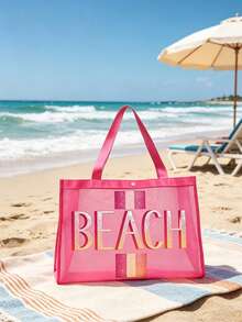 網格海灘包與小收納袋套組，印有夏季「BEACH」圖案，充滿夏日氛圍，包含購物袋、海灘包、夏威夷風透明收納袋、旅行盥洗包、海灘托特包、休閒度假包、化妝收納袋，適合學校、度假、假期和返校，是送給朋友和老師的理想禮物，也適合生日、派對、夏季、度假、假期和婚禮場合 - 彩色 - 查看 8