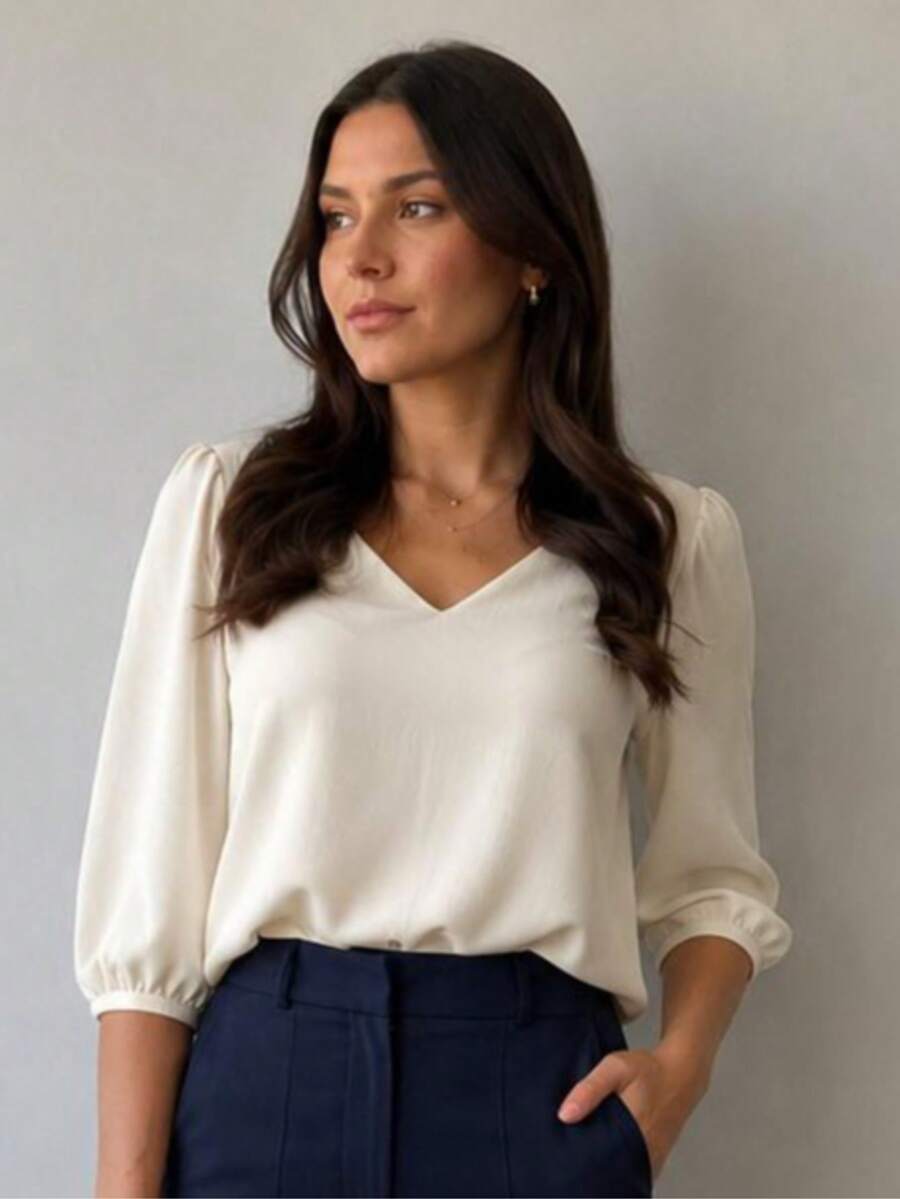 3/4 Length Polyester Blouse, Contrast Knit, Sizes M To XL, Perfect For Daily Wear, Holidays, Office, Home, And Autumn. - 米白色 - 查看 1