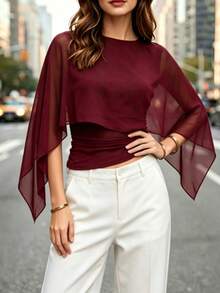 Top de manga larga elegante con ajuste ceñido y bajo asimétrico de unicolor, adecuado para citas de verano por la noche - Rojo - Ver 2