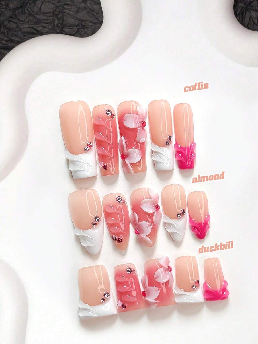 10片甜美女孩風手工穿戴甲,Polygel美甲套組,3D花朵,粉色與白色,精緻優雅風格,含美甲工具,3種尺寸可選,杏仁/鴨嘴/棺材形,適合派對、跳舞、日常配戴 - 彩色 - 查看 1
