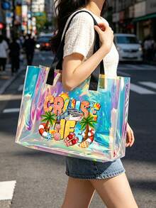Juego de bolsas de playa de PVC de colores con tema de vida de crucero, con patrón de palmeras de coco, diseño de letras de moda "Cruise Life", bolsa de hombro transparente, bolsa de mano transparente de gran capacidad, bolsa de cosméticos de viaje portátil, bolsa de almacenamiento de artículos de tocador. Adecuada para playa, piscina, vacaciones y uso diario, perfecta para guardar trajes de baño, toallas, cosméticos, etc., ideal para amantes del verano, viajeros y entusiastas de festivales de música - Multicolor - Ver 4