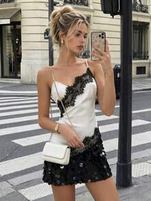Elio Closet Women's Summer Casual Elegant Afternoon Tea Satin Lace Trim Contrast Color Camisole Top, Suitable For Graduation Ceremony, Back To School Party, Travel, Holiday, Beach Vacation, Party Gathering, Work Commute, Daily Wear White - White - View 7