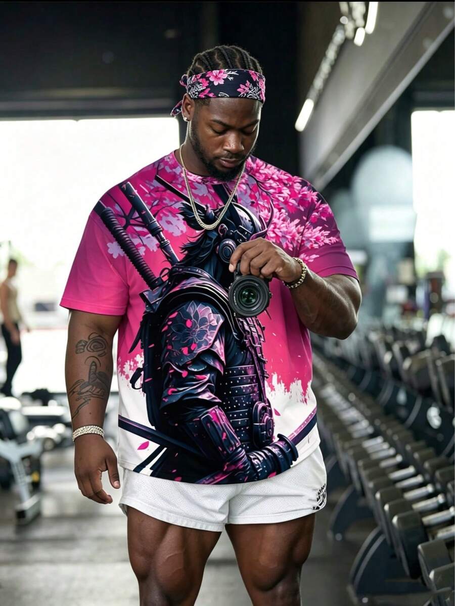 Summer Plus Size 3D Digital Print Japanese Samurai Graphic Men T-Shirt, Retro Style - Multicolor - View 1