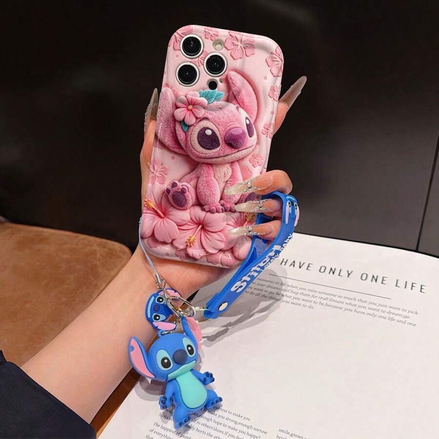 Disney Lilo And Stitch Phone Case : 3D Fluffy Pattern Border Protector Phone Soft Phone Case With A Free Cute Stitch Bracelet Chain Lanyard, Stitch, Lilo, Angel, For Apple 17 Promax 17 Pro 16 15 14 13 12 11 Pro Max XS Max X XR Soft Cover Summer Phone Case - 白色 - 查看 1