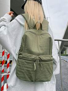 休閒尼龍後背包，雙前拉鍊口袋素色日用包，適用於學校、辦公室、日常通勤與購物 - 彩色 - 查看 7