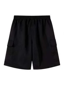 Pantaloncini cargo da uomo per sport all'aperto in tessuto intrecciato, vestibilità ampia con vita con coulisse, design con tasche multiple e patta, pantaloncini casual da streetwear e trekking - nero - Visualizzare 5