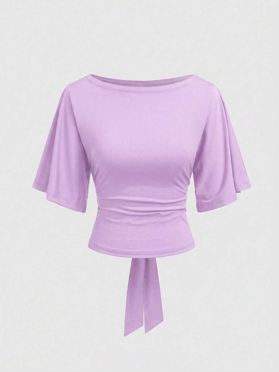 Vela Rue Waist Tie Bow Solid Color Batwing Sleeve Boat Neck Slim Fit Knit Elastic Navy Blue T-Shirt For Commuting, Work, Teacher's Day Casual Summer - Mauve Purple - View 1