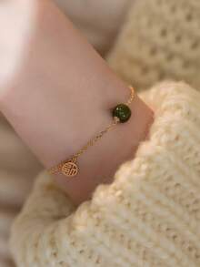 BALMORA 1pc S925 Sterling Silver Artificial Jade Bracelet, Lucky Symbol Beaded Bracelets, Birthday Gift For Women - Gold - View 5