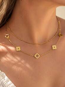 2 piezas/Set Collar de acero inoxidable con flor hueca elegante y exquisita chapado en oro de 18K para mujer, se puede usar individualmente o en capas, resistente al agua y duradero, adecuado para uso diario, fiesta, Día de San Valentín / Aniversario / Recuerdo / Regalo de vacaciones, de larga duración - Dorado - Ver 1