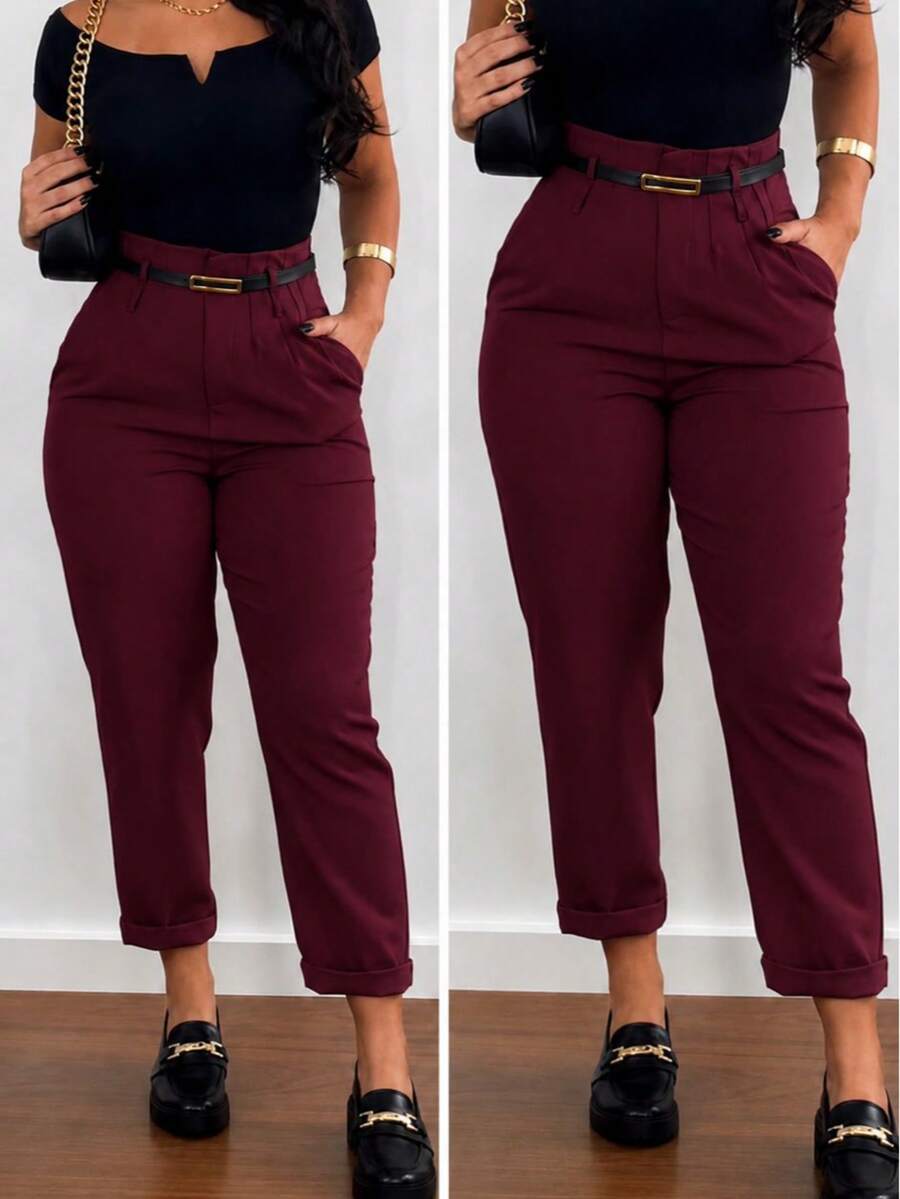 Women's High-Waisted Tailored Trousers With Belt | Elegant Formal Trousers With Pocket And Side Zipper - 酒紅色 - 查看 1