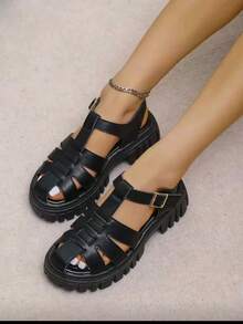 Damen schwarze Punk-Stil Keilsandalen mit Schnalle, einfarbig, mit Riemendetails, Frühling/Sommer Outfit - Schwarz - Übersicht 3