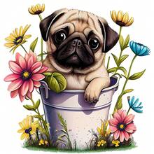 1/2/3件耐用可水洗熱轉印熨燙貼布，可愛巴哥犬躺在淺灰色金屬桶中，周圍環繞粉色、黃色、藍色野花與綠草的卡通水彩圖案，乙烯基熱轉印貼紙，熨燙貼花－適用於枕頭、DIY、背包、T恤、帆布袋、連帽衫、牛仔褲、衣物、縫紉用品 - 多色 - 查看 2