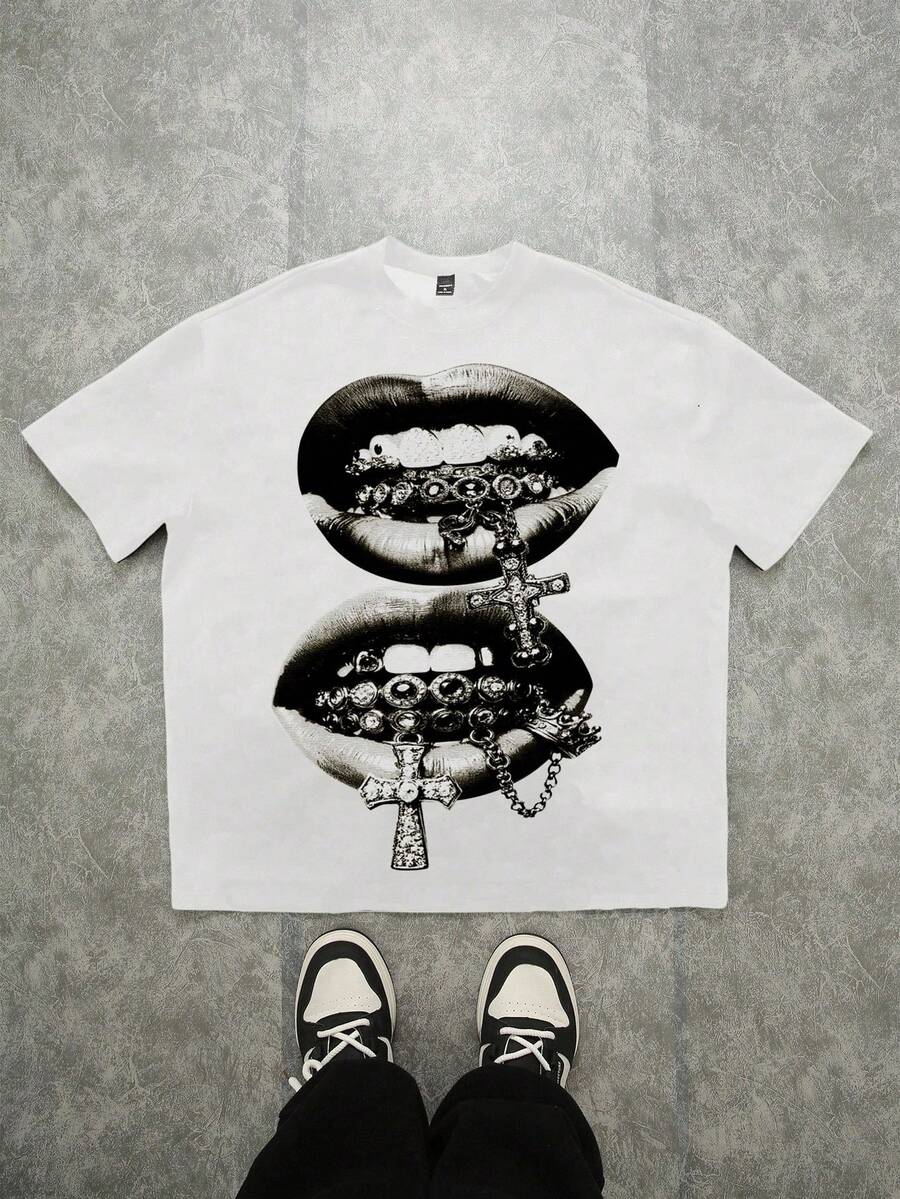 Casual Short-Sleeved Crew Neck T-Shirt, Suitable For Summer Wear, Simple Style, Suitable For Teenagers, With Gemstone And Cross Patterns, Y2K Style. - 白色 2 - 查看 1