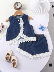 Baby Girls Casual Minimalist Patchwork Lace Decor Denim Vest Top And Wide Leg Denim Shorts Set, Infant Toddler Clothing, Suitable For Daily Wear Or Outings, School, Travel, Festival Parties - Dark Wash - View 1