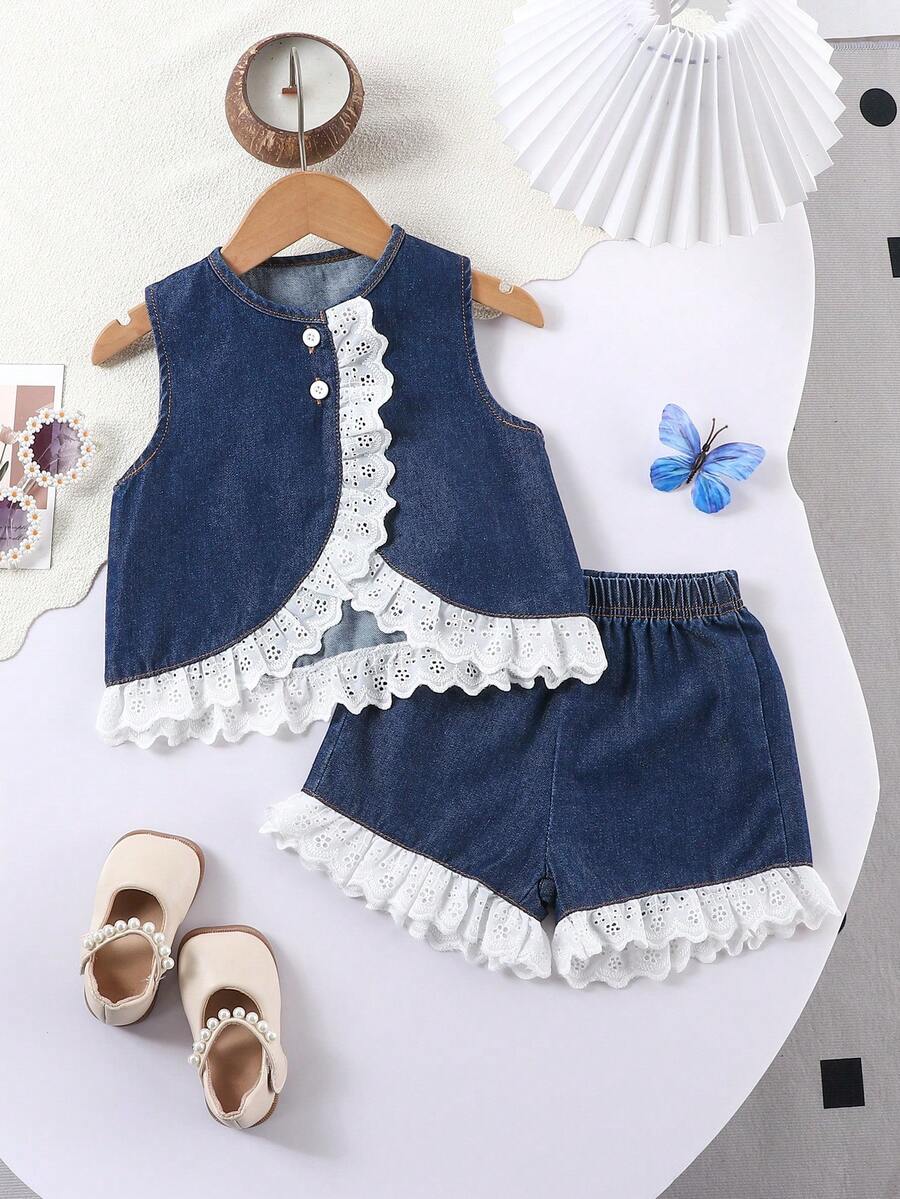 Baby Girls Casual Minimalist Patchwork Lace Decor Denim Vest Top And Wide Leg Denim Shorts Set, Infant Toddler Clothing, Suitable For Daily Wear Or Outings, School, Travel, Festival Parties - Dark Wash - View 1
