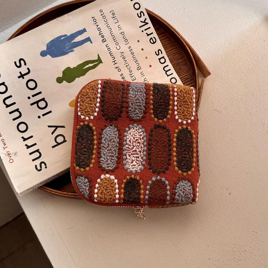 復古拼色橢圓刺繡亞麻收納袋,便攜拉鍊珠寶收納包,迷你零錢包,化妝包 - 錢包 - 查看 1